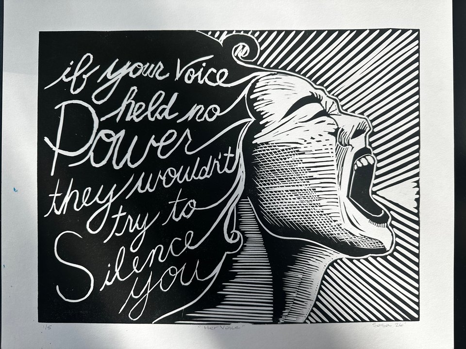 A woman screaming into the void